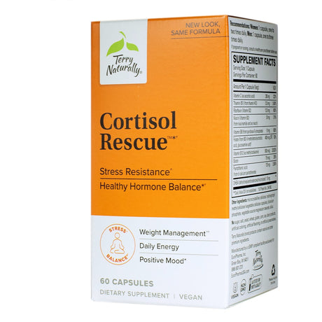 A box of Terry Naturally Cortisol Rescue dietary supplement with an orange and white design. The front states it supports stress resistance, healthy hormone balance, weight management, daily energy, and a positive mood. The product contains 60 vegan capsules and is labeled as a 2-month supply.