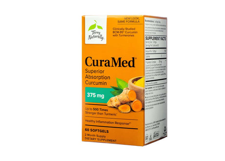 Box of Terry Naturally CuraMed 375 mg dietary supplement featuring BCM-95® curcumin with turmeric essential oil, marketed for superior absorption and support of a healthy inflammation response.* The packaging shows turmeric roots and powder, and contains 60 softgels — a 2-month supply.