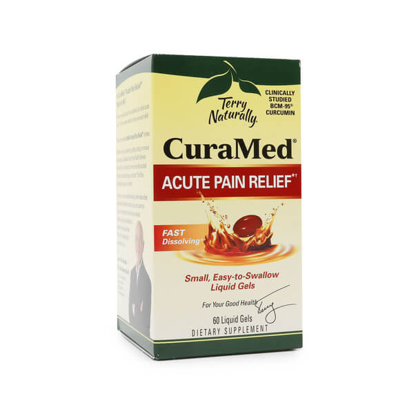Terry Naturally CuraMed Acute Pain Relief with BCM-95 curcumin, offering fast dissolving action for quick relief. The packaging highlights the product's ability to provide acute pain relief, featuring small, easy-to-swallow liquid gels. It includes 60 liquid gels per bottle.