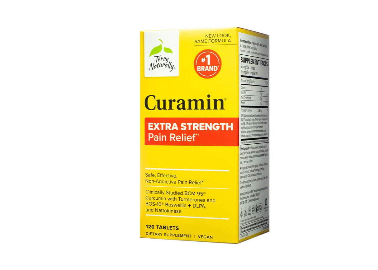 A box of Terry Naturally Curamin Extra Strength Pain Relief supplement, featuring a yellow and red label with “#1 Brand” badge. It contains 120 vegan tablets and promotes safe, effective, non-addictive pain relief using clinically studied BCM-95 curcumin, Boswellia, DLPA, and nattokinase.