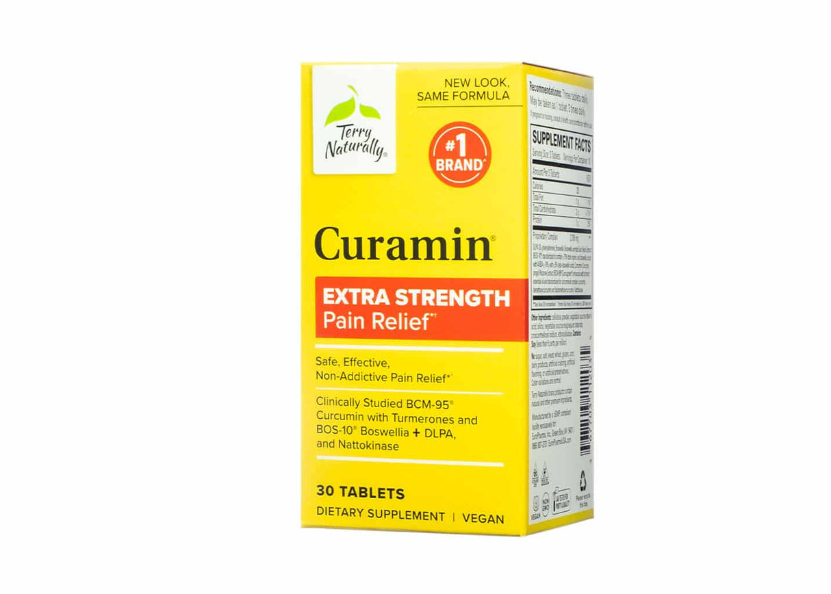 A smaller box of Terry Naturally Curamin Extra Strength Pain Relief with a similar yellow and red label and “#1 Brand” icon. This version contains 30 vegan tablets and also highlights its clinically studied ingredients for non-addictive pain relief.