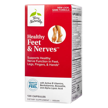 Terry Naturally Healthy Feet & Nerves dietary supplement box, featuring the product name, a foot graphic, and text that reads 'Supports Healthy Nerve Function in Feet, Legs, Fingers, & Hands.' The box highlights the ingredients: Active B vitamins, Benfotiamine, Boswellia, and Alpha Lipoic Acid, with a note that it's vegan and contains 120 capsules.