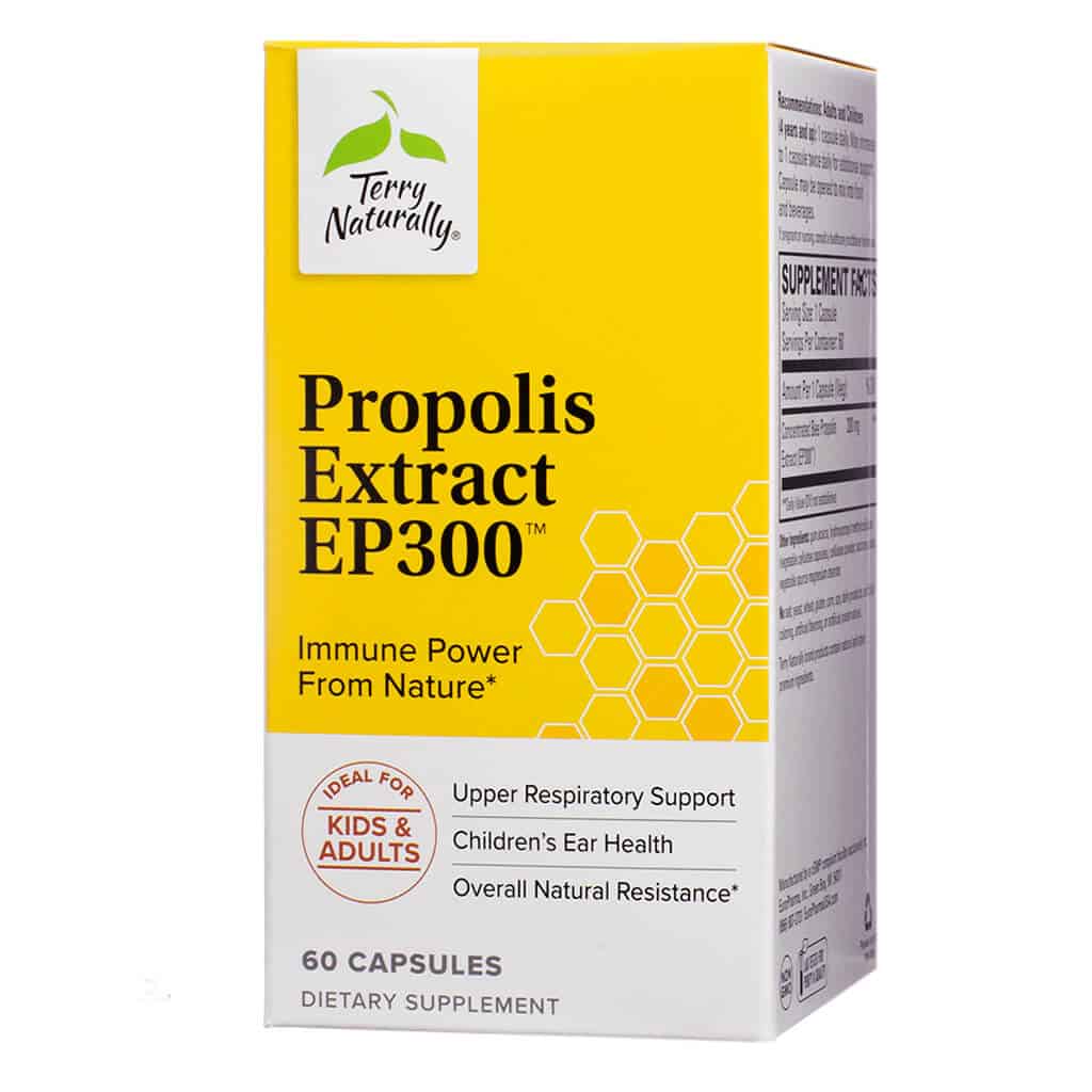 Box of Terry Naturally Propolis Extract EP300 dietary supplement containing 60 capsules. The yellow and white packaging promotes “Immune Power From Nature” and highlights benefits like upper respiratory support, children’s ear health, and overall natural resistance. Labeled as ideal for kids and adults, with a honeycomb design element.