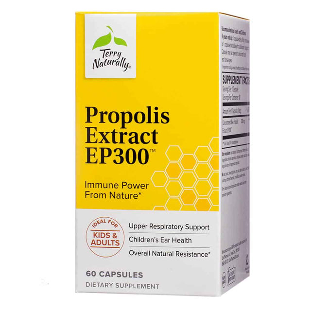 Box of Terry Naturally Propolis Extract EP300 dietary supplement containing 60 capsules. The yellow and white packaging promotes “Immune Power From Nature” and highlights benefits like upper respiratory support, children’s ear health, and overall natural resistance. Labeled as ideal for kids and adults, with a honeycomb design element.