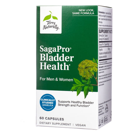 Box of Terry Naturally SagaPro Bladder Health supplement, featuring green and white packaging with a photo of an angelica plant. The front text highlights it’s for men and women, contains 60 vegan capsules, and supports healthy bladder strength and function with clinically studied Angelica.