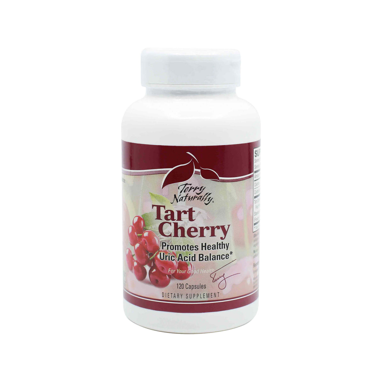 Alt text: A white bottle of Terry Naturally Tart Cherry dietary supplement, featuring a cherry-themed label with red accents. The product contains 120 capsules and promotes healthy uric acid balance, with a note that it's “For Your Good Health.” The front also includes a cherry illustration and a signature graphic.