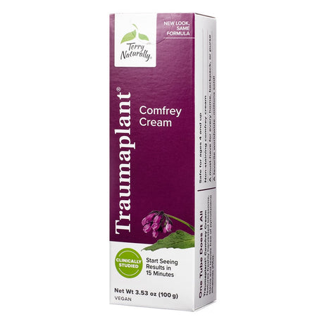 Box of Terry Naturally Traumaplant® Comfrey Cream, 100g (3.53 oz), in a purple and white package. Promotes fast results with the tagline "Start Seeing Results in 15 Minutes" and features a blooming comfrey flower illustration. Label notes it's vegan and clinically studied.