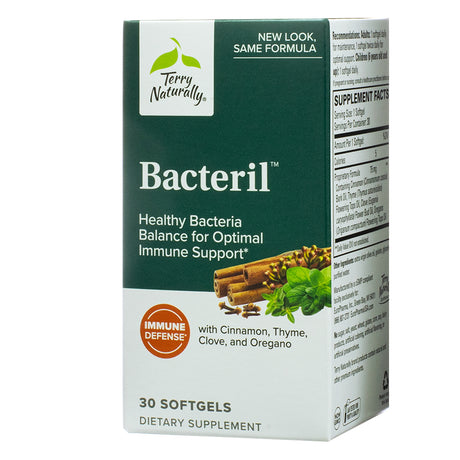 Terry Naturally Bacteril Softgels, 30-count, angled front view. The packaging displays the product's name, key benefits for immune support and healthy bacteria balance, and an "Immune Defense" badge. The supplement facts panel is partially visible on the side.