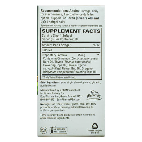 Terry Naturally Bacteril Softgels, 30-count, supplement facts panel. It lists a proprietary formula (75 mg) containing cinnamon bark oil, thyme flowering tops oil, clove flower bud oil, and oregano flowering tops oil. The panel also includes dosage recommendations for adults and children, other ingredients (extra virgin olive oil, gelatin, glycerin, purified water), and manufacturing details. Certifications for Non-GMO, lab testing, and recycling are displayed at the bottom.