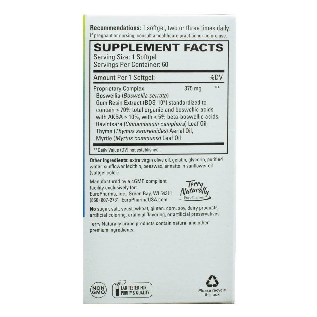 Back of a Terry Naturally BosMed Respiratory Support supplement box. Includes supplement facts, listing Boswellia, Ravintsara, Thyme, and Myrtle in a proprietary complex. Other ingredients include extra virgin olive oil and sunflower lecithin. Free from sugar, yeast, gluten, dairy, and artificial additives. Contains 60 softgels.