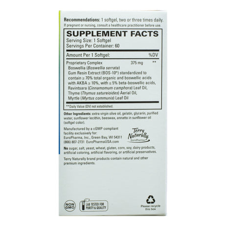 Back of a Terry Naturally BosMed Respiratory Support supplement box. Includes supplement facts, listing Boswellia, Ravintsara, Thyme, and Myrtle in a proprietary complex. Other ingredients include extra virgin olive oil and sunflower lecithin. Free from sugar, yeast, gluten, dairy, and artificial additives. Contains 60 softgels.