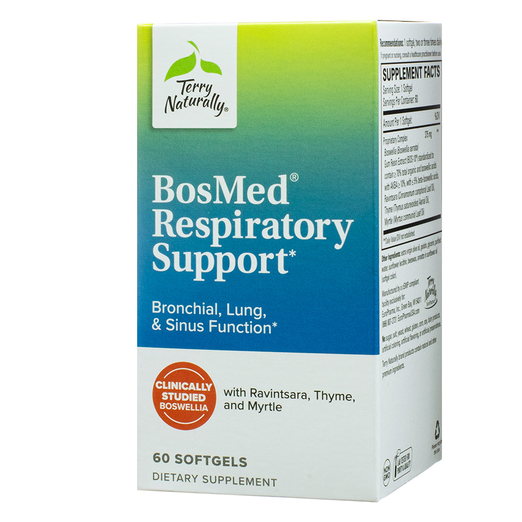 Front of Terry Naturally BosMed Respiratory Support softgels box, featuring a gradient green-to-blue design. The product is labeled for bronchial, lung, and sinus function and contains clinically studied Boswellia, Ravintsara, Thyme, and Myrtle. The box states it includes 60 softgels and is a dietary supplement. A partial view of the supplement facts panel is visible on the side.