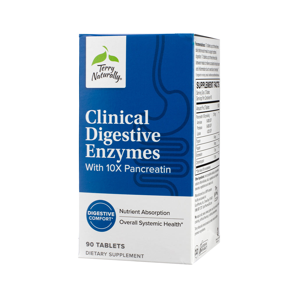 Terry Naturally Clinical Digestive Enzymes Tablets, front label highlighting broad-spectrum enzyme blend for complete digestive support in a medical-style design.