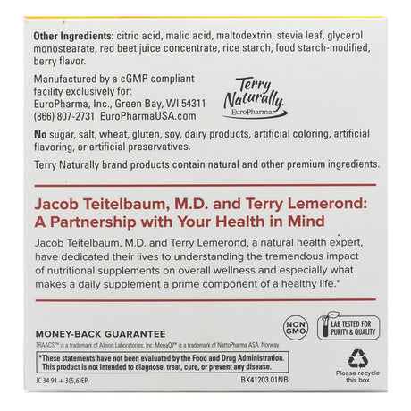 A back-facing image of Terry Naturally Fatigued to Fantastic! Energy Revitalization Drink Mix, 7.6 oz. The label includes a description of the product’s ingredients, manufacturing details, and certifications such as non-GMO and lab-tested for purity and quality. It also highlights a message from Jacob Teitelbaum, M.D., about the importance of nutritional supplements for overall wellness.