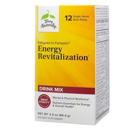Front label of Terry Naturally Fatigued to Fantastic! Energy Revitalization 12 Stick Packs, a dietary supplement designed for energy and vitality. The bright yellow box highlights key benefits such as mental and physical resilience, with supplement facts visible on the side panel.