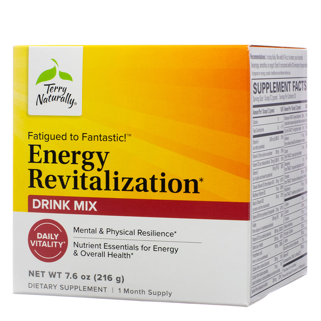 A front-facing image of Terry Naturally Fatigued to Fantastic! Energy Revitalization Drink Mix, 7.6 oz. The packaging has a yellow and red gradient design with bold black text, highlighting benefits such as mental and physical resilience, essential nutrients for energy, and overall health. The label also mentions it as a dietary supplement with a one-month supply.