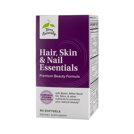 Terry Naturally Hair, Skin & Nail Essentials Softgels, front label emphasizing beauty support formula with nutrients for vibrant hair, smooth skin, and strong nails.