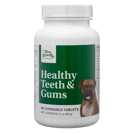 The front view of Terry Naturally Healthy Teeth & Gums, 60 Chewable Tablets, in a white plastic bottle with a green and white label. The label features an image of a Boxer dog and highlights the product’s purpose of supporting canine dental health. It is designed to promote fresh breath, healthy gums, and strong teeth.