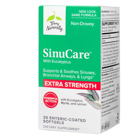 Terry Naturally SinuCare Extra Strength with Eucalyptus front label, featuring bold green and white packaging with red highlights and claims like “Supports & Soothes Sinuses, Bronchial Airways, & Lungs” and “Non-Drowsy.”