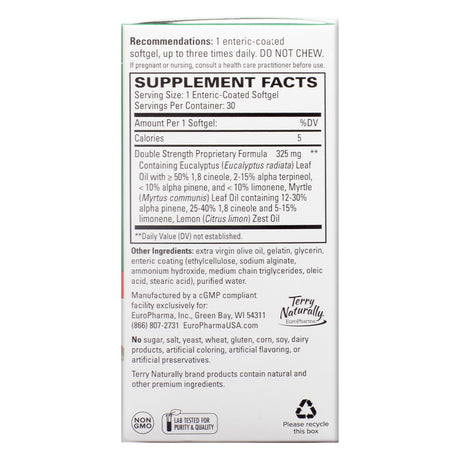 Back of Terry Naturally SinuCare Extra Strength box showing supplement facts and ingredients, listing 325 mg proprietary formula with eucalyptus, myrtle, and lemon oils, along with enteric-coated softgel directions.