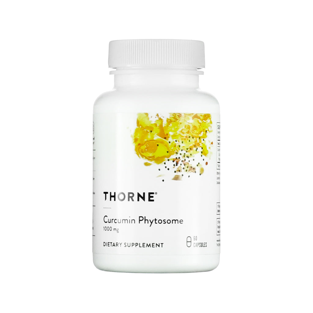 White bottle of Thorne Curcumin Phytosome dietary supplement, featuring abstract yellow artwork on the label. Contains 1000 mg per serving and includes 60 capsules per container.