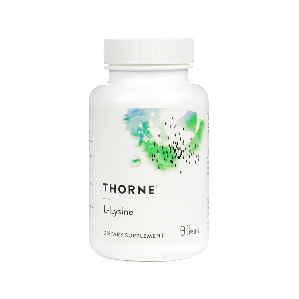 A white bottle of Thorne L-Lysine dietary supplement containing 60 capsules. The minimalist label features green and blue abstract artwork with black speckles.