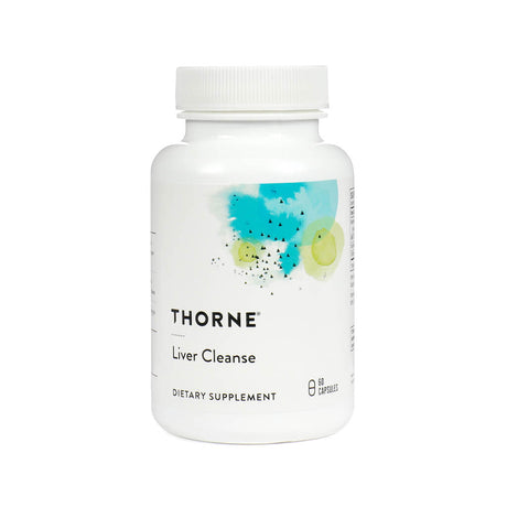 A white bottle of Thorne Liver Cleanse dietary supplement. The label features abstract blue and green artwork and indicates 60 capsules per container.