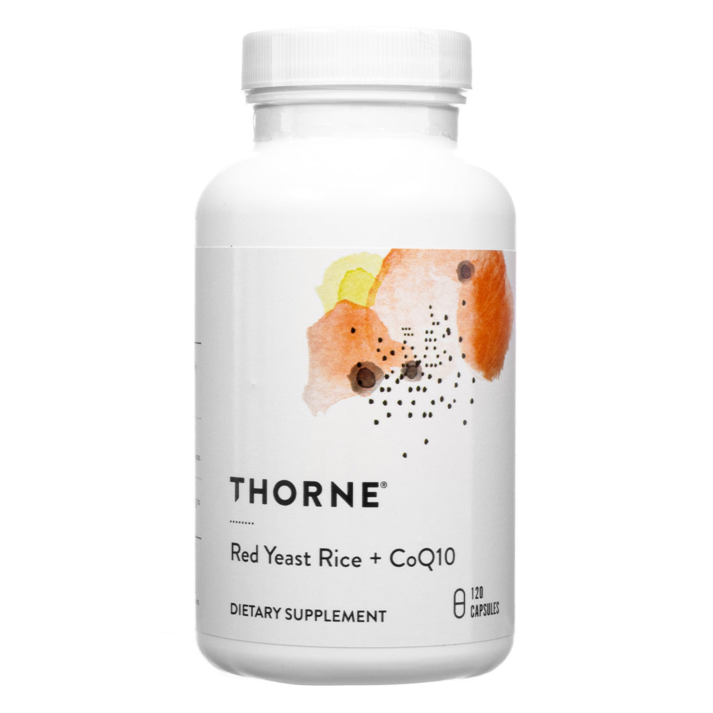 White bottle of Thorne Research Red Yeast Rice + CoQ10 dietary supplement with abstract watercolor design and black text, indicating 120 capsules.