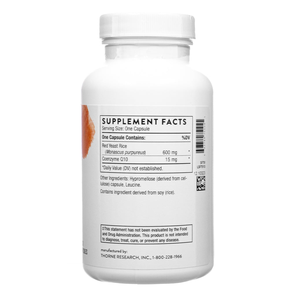 A white supplement bottle featuring a Supplement Facts label. It states one capsule contains 600 mg of Red Yeast Rice and 15 mg of Coenzyme Q10. Additional ingredients include hypromellose (from cellulose), leucine, and soy-derived components. The label includes a disclaimer that the product has not been evaluated by the FDA.