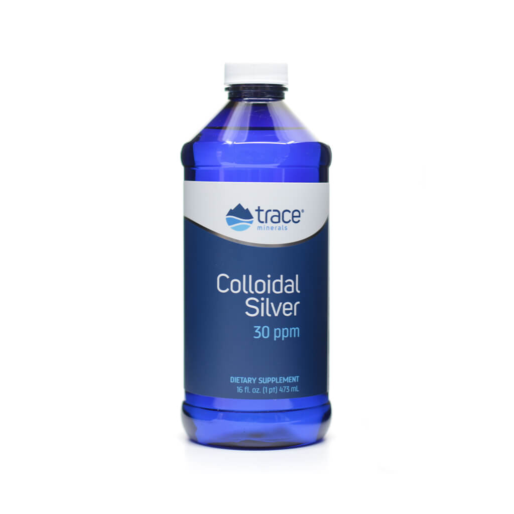 A 16 fl oz cobalt blue plastic bottle of Trace Minerals Colloidal Silver 30 ppm dietary supplement with a white cap and matching blue label.