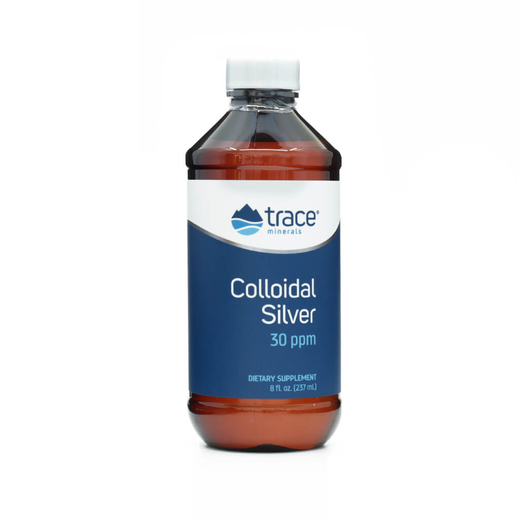 An 8 fl oz amber plastic bottle of Trace Minerals Colloidal Silver 30 ppm dietary supplement with a white cap and blue label.