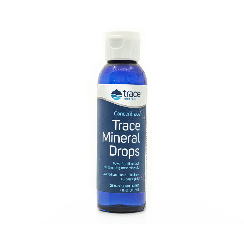Blue 4 fl oz (118 mL) bottle of Trace Minerals ConcenTrace Trace Mineral Drops, a dietary supplement offering a 48-day supply. The label describes it as powerful, all-natural, low-sodium, ionic, and pH-balancing, with soluble trace minerals.