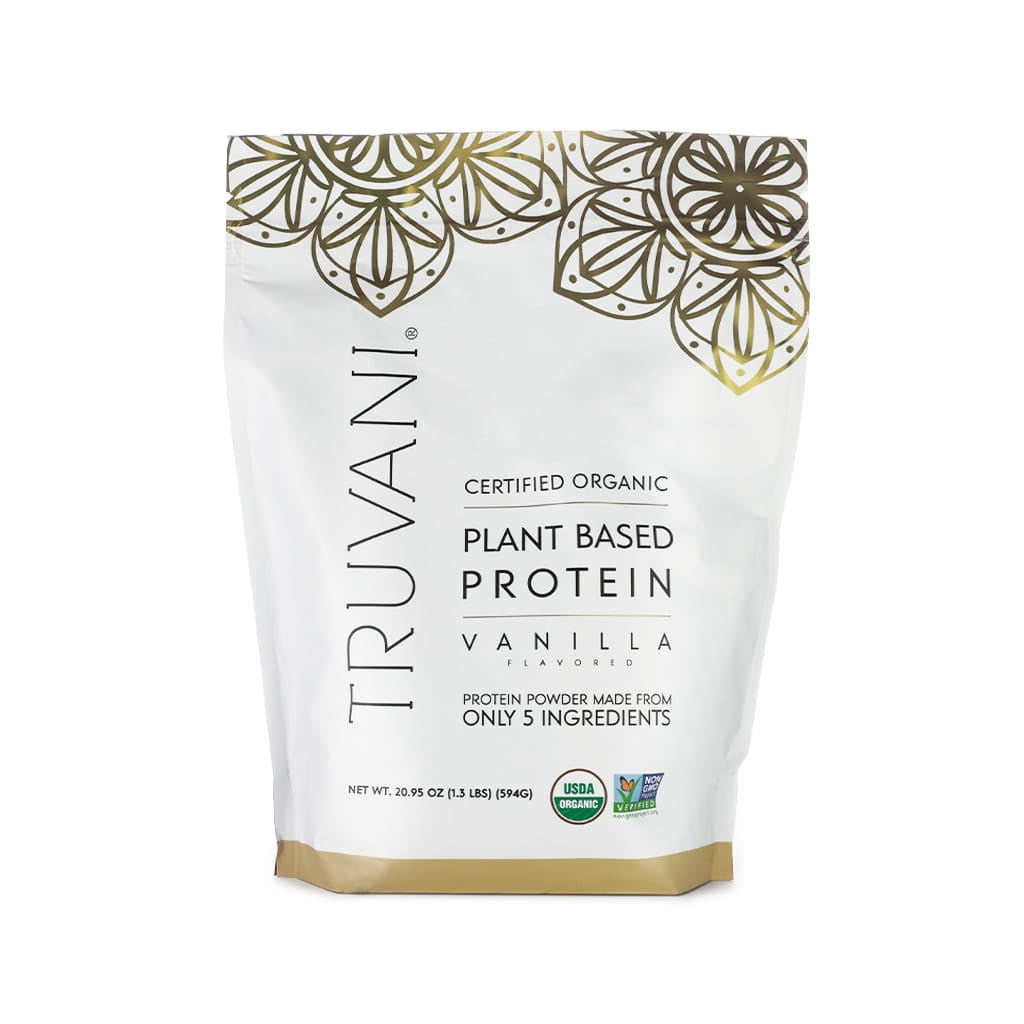A white pouch of Truvani Certified Organic Plant Based Protein Powder in vanilla flavor. The label highlights that it is made from only 5 ingredients, USDA organic, non-GMO verified, and weighs 20.95 oz (594g).