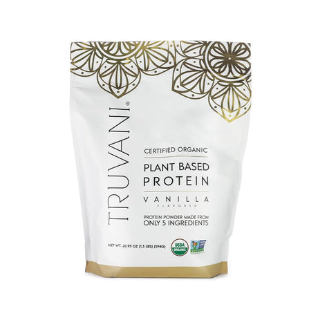 A white pouch of Truvani Certified Organic Plant Based Protein Powder in vanilla flavor. The label highlights that it is made from only 5 ingredients, USDA organic, non-GMO verified, and weighs 20.95 oz (594g).