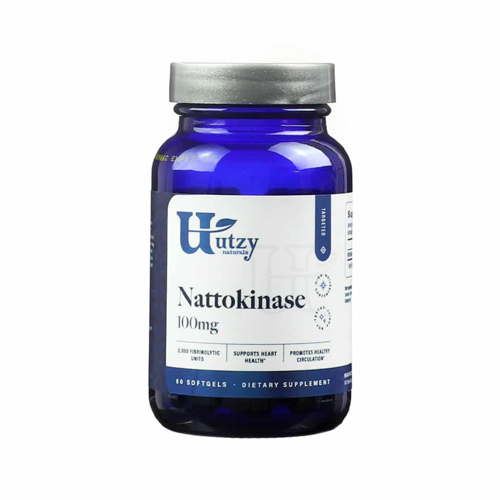 Blue bottle of Utzy Naturals Nattokinase 100mg featuring 60 softgels. The label highlights 2,000 fibrinolytic units per serving and promotes heart health and healthy circulation.