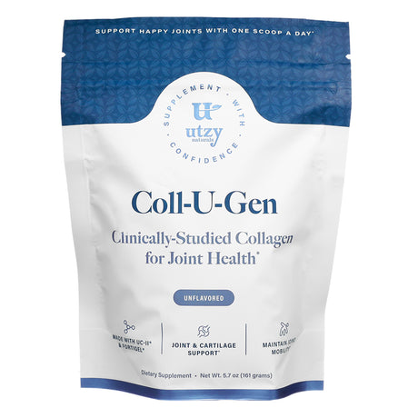 Front label of Utzy Naturals Coll-U-Gen, unflavored 5.7 oz collagen supplement for joint health, featuring UC-II and Fortigel for cartilage and mobility support.