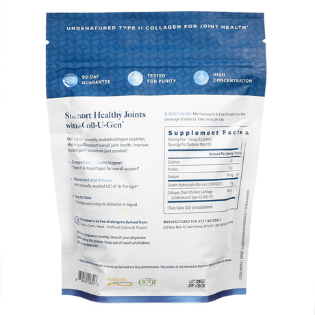 Back label of Utzy Naturals Coll-U-Gen, unflavored 5.7 oz, with supplement facts, usage directions, and information on UC-II and Fortigel collagen sources.
