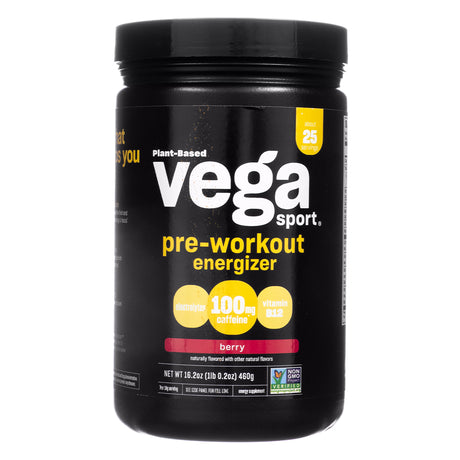 Black container of Vega Sport Pre-Workout Energizer in berry flavor, highlighting 100 mg caffeine, electrolytes, and vitamin B12. The label features plant-based, non-GMO, vegan, and gluten-free certifications, with approximately 25 servings per 16.2 oz (460 g) container.
