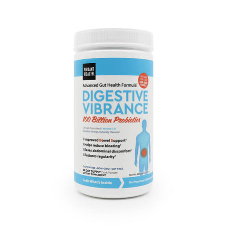 Vibrant Health Digestive Vibrance dietary supplement in a white container with blue and orange accents. The label highlights 100 billion probiotics, improved bowel support, bloating reduction, and restored regularity, with a 20-day supply of gluten-free, non-GMO, and soy-free drink powder.