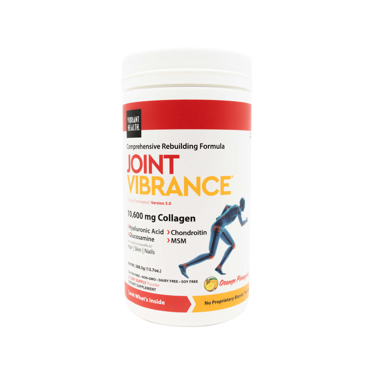 White tub of Vibrant Health’s Joint Vibrance supplement labeled as a comprehensive rebuilding formula with 10,600 mg of collagen, plus hyaluronic acid, glucosamine, chondroitin, and MSM. The packaging highlights benefits for joints, skin, and nails, and features an illustration of a human skeleton in motion.