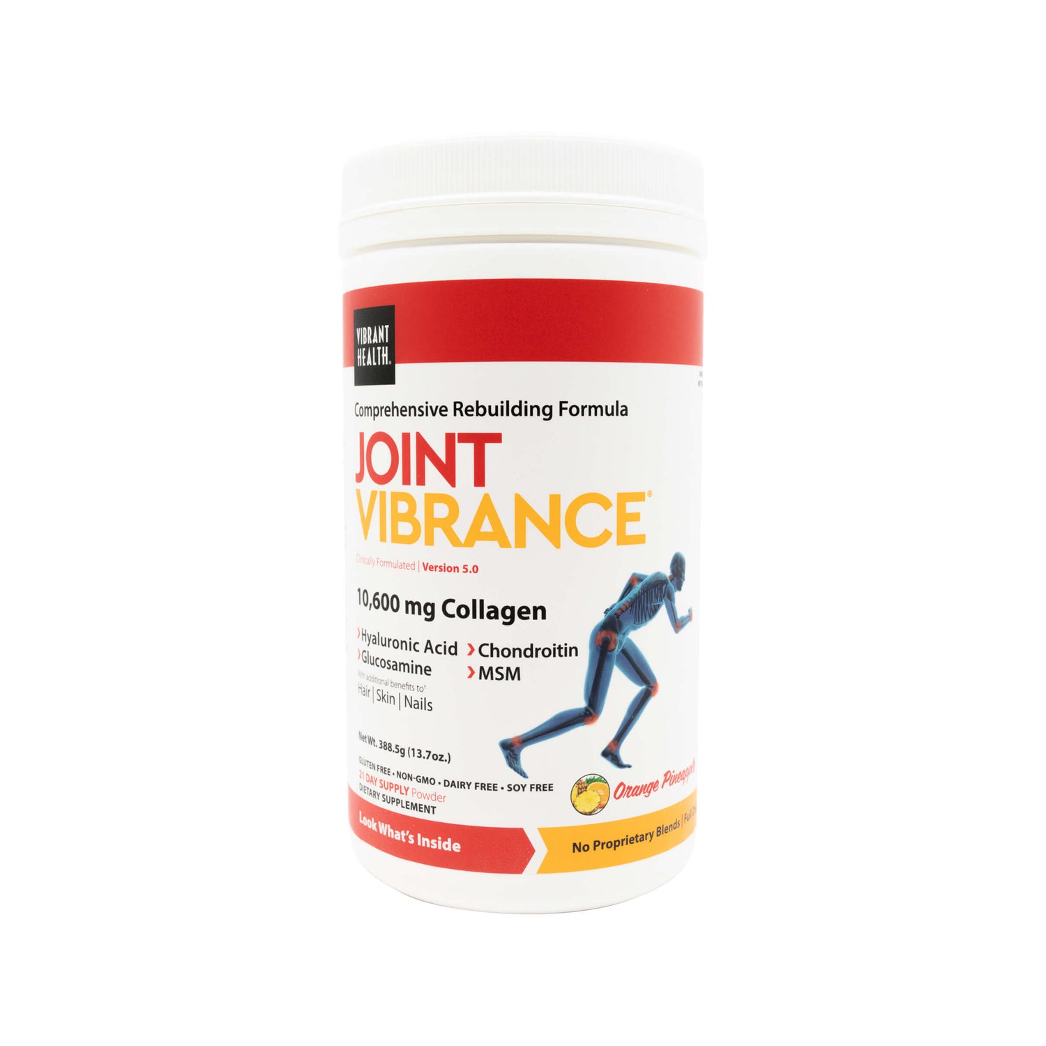 White tub of Vibrant Health’s Joint Vibrance supplement labeled as a comprehensive rebuilding formula with 10,600 mg of collagen, plus hyaluronic acid, glucosamine, chondroitin, and MSM. The packaging highlights benefits for joints, skin, and nails, and features an illustration of a human skeleton in motion.