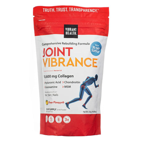 Resealable pouch of Vibrant Health Joint Vibrance powder supplement with 30-day supply in orange pineapple flavor. The front highlights 10,600 mg of collagen and key ingredients like hyaluronic acid, glucosamine, chondroitin, and MSM, along with icons for non-GMO, gluten-free, and 3x absorption.