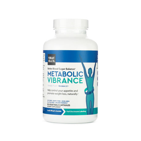 A white bottle of Vibrant Health Metabolic Vibrance dietary supplement. The label highlights better blood sugar balance, appetite control, and natural weight loss support, with 90 vegetable capsules that are soy-free, dairy-free, non-GMO, and vegan friendly.