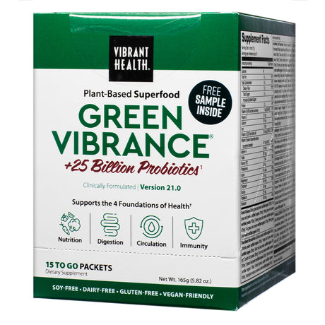 Box of Vibrant Health Green Vibrance +25 Billion Probiotics with a front label highlighting its plant-based superfood blend, version 21.0, and benefits for nutrition, digestion, circulation, and immunity. The product contains 15 to-go packets and is labeled soy-free, dairy-free, gluten-free, and vegan-friendly.