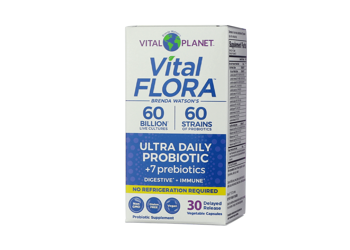 Box of Vital Planet’s “Vital Flora” Ultra Daily Probiotic supplement featuring 60 billion live cultures, 60 probiotic strains, and 7 prebiotics. The packaging highlights benefits for digestive and immune health, notes no refrigeration is required, and includes icons for non-GMO, gluten-free, and vegan.