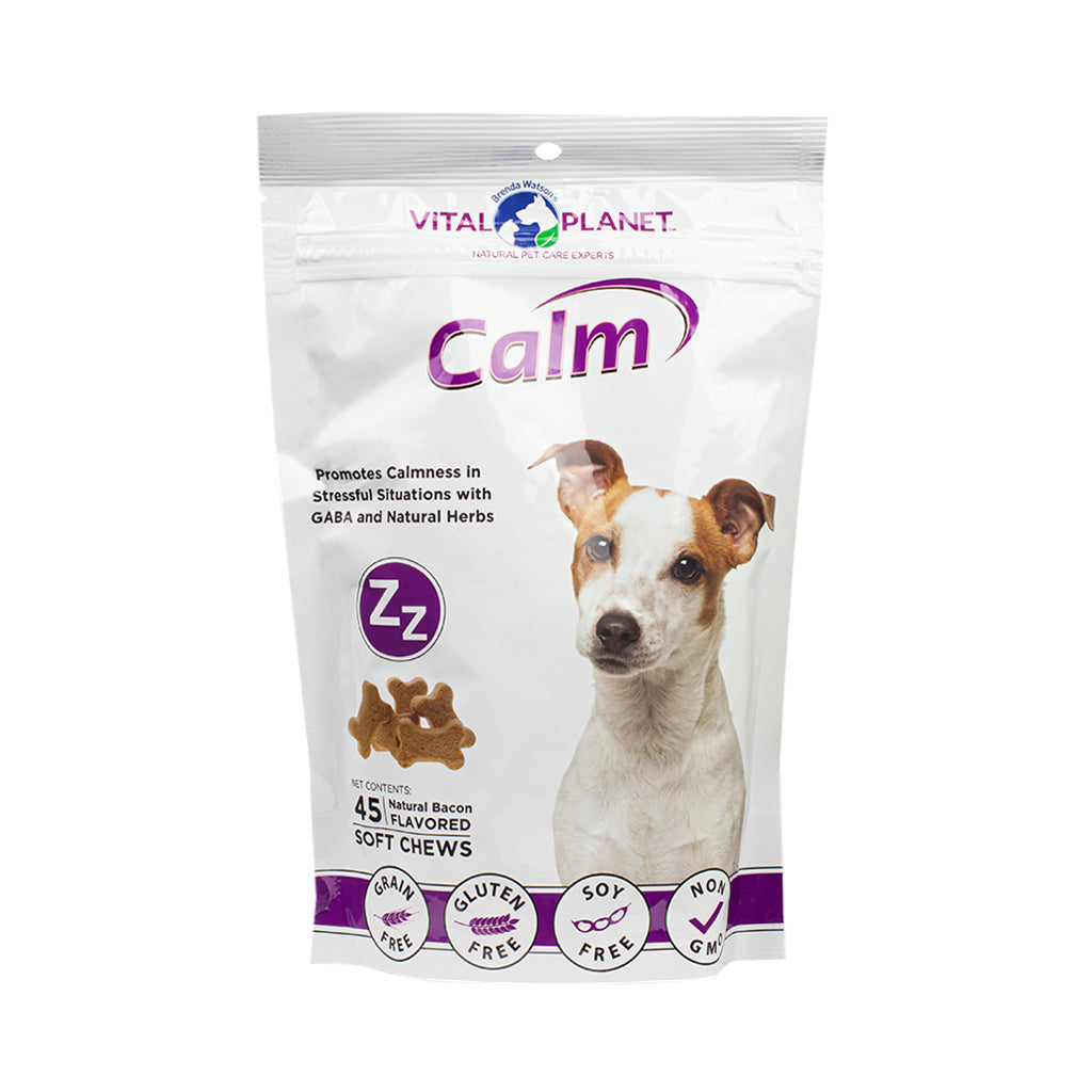 Vital Planet Calm for dogs, bag of 45 natural bacon flavored soft chews. Features a white and brown dog and promotes calmness with GABA and natural herbs; grain-free, gluten-free, soy-free, and non-GMO.