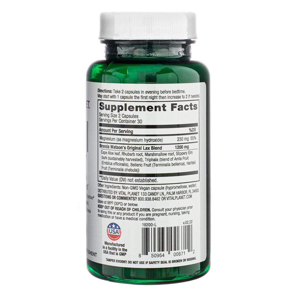 The supplement facts panel of Vital Planet Vital LAX, 60 Capsules, listing ingredients and dosage. It details magnesium hydroxide and a proprietary lax blend containing cape aloe, rhubarb root, marshmallow root, and Triphala fruit blend. The label also provides serving instructions and a caution to consult a physician if pregnant or nursing.