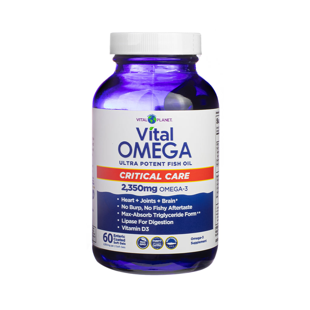 Blue bottle of Vital Planet Vital Omega fish oil labeled as "Critical Care" with 2,350 mg Omega-3. Features benefits for heart, joints, and brain, and highlights no burp, max-absorb triglyceride form, and vitamin D3.