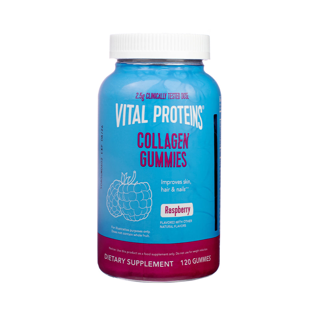 Blue and pink bottle of Vital Proteins Collagen Gummies in raspberry flavor. Contains 120 gummies and supports skin, hair, and nails with 2.5g of collagen per serving.