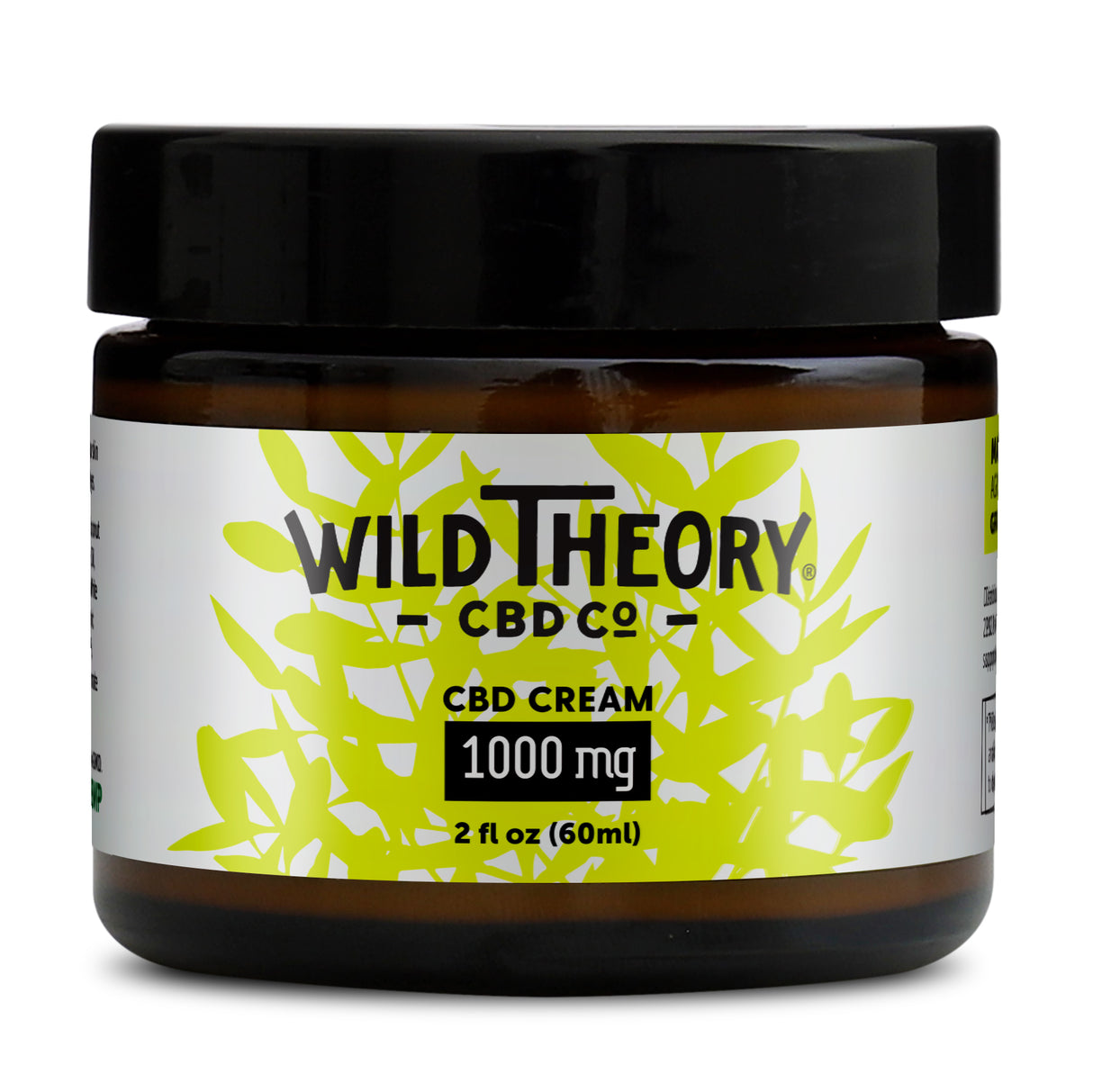 A 2 fl oz jar of Wild Theory CBD Co. cream containing 1000mg of CBD, shown with a black lid and a label featuring green leaf graphics and bold black text.